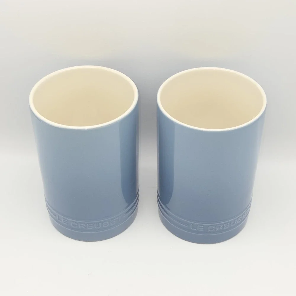 Le Creuset Chambray 26oz Stoneware Canister Wooden Lid Set x2 New Factory Second